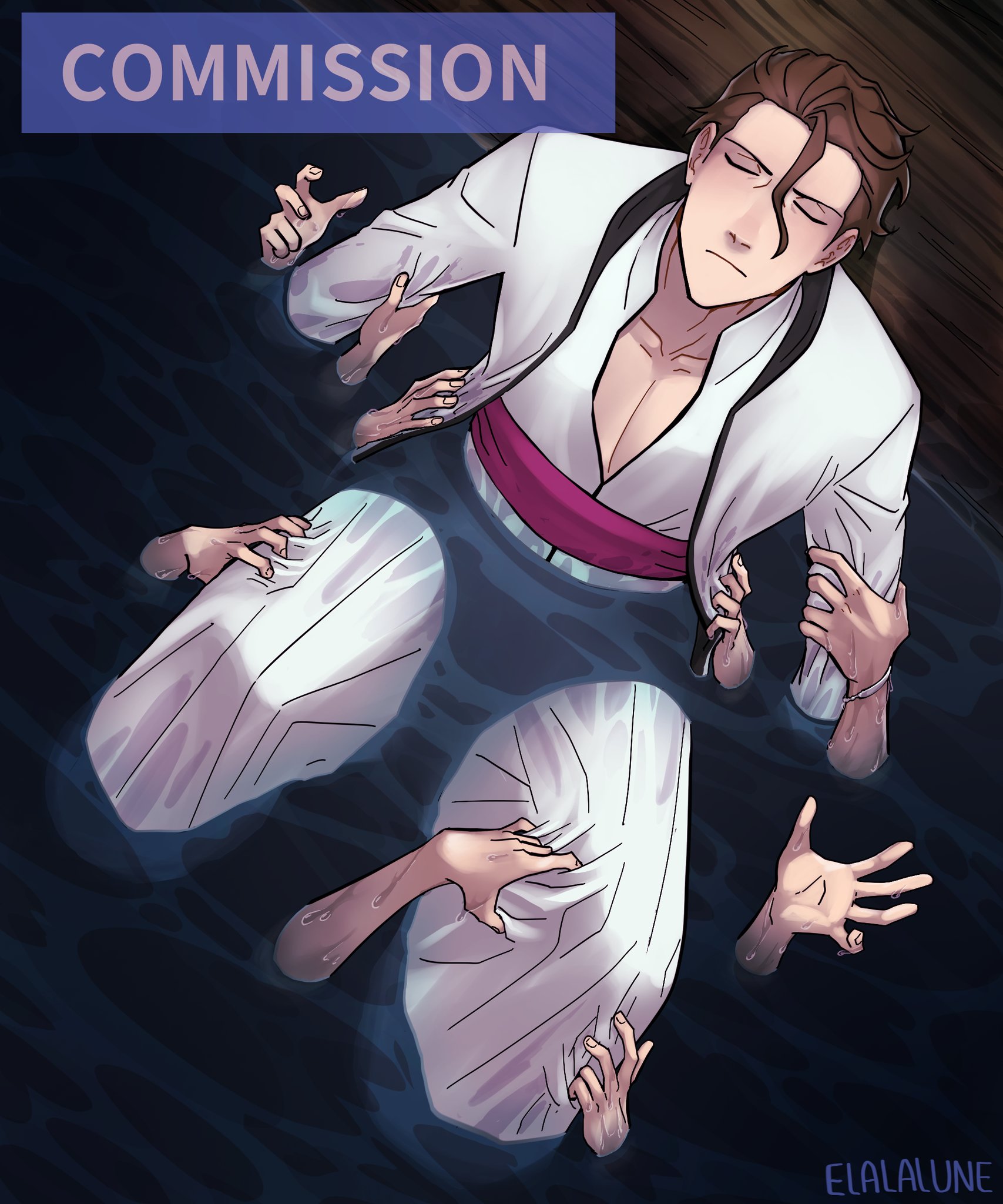elalalune, aizen sousuke, bleach, highres, 1boy, brown hair, caustics, closed eyes, clothes grab, coat, from above, hair between eyes, hair slicked back, knees up, leg grab, loose hair strand, male focus, partially submerged, pectoral cleavage, pectorals, people, pulling arm, sitting, wet, wet clothes, white coat