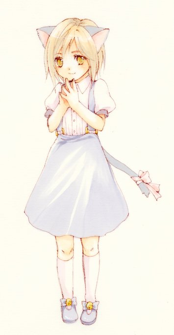 usashiro mani, bad id, bad pixiv id, 1girl, animal ears, bell, blonde hair, blush, cat ears, cat tail, female focus, kneehighs, pink ribbon, ribbon, shirt, shoes, short hair, short sleeves, smile, socks, solo, tail, tail ornament, tail ribbon, yellow eyes