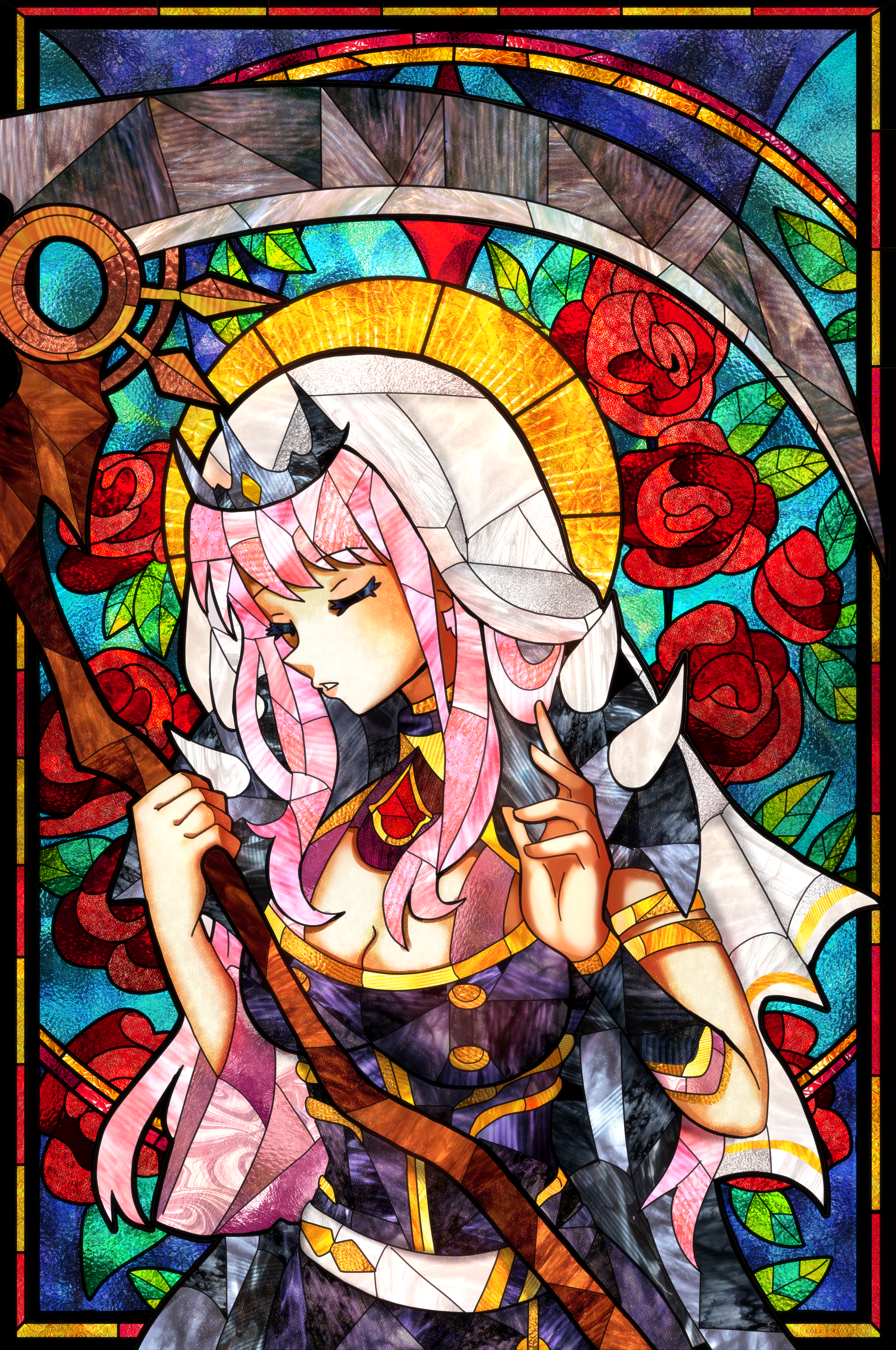miku (mikururun), mori calliope, mori calliope (1st costume), hololive, hololive english, absurdres, highres, 1girl, black dress, black tiara, breasts, cape, cleavage, detached sleeves, dress, holding, holding scythe, large breasts, long hair, looking at viewer, open mouth, pink hair, scythe, shoulder spikes, solo, spiked cape, spikes, stained glass, tiara, veil, virtual youtuber