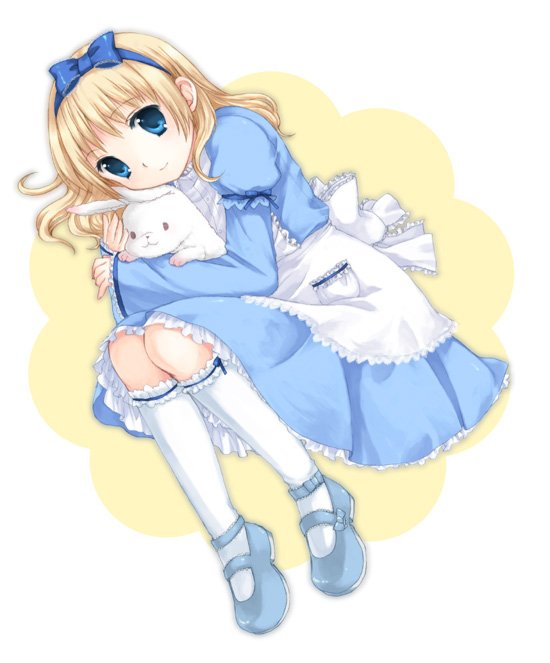 usashiro mani, alice (alice in wonderland), white rabbit (alice in wonderland), alice's adventures in wonderland, bad id, bad pixiv id, blonde hair, blue eyes, fetal position, full body, hair ribbon, holding, kneehighs, lolita fashion, mary janes, rabbit, ribbon, shoes, socks, solo, sweet lolita