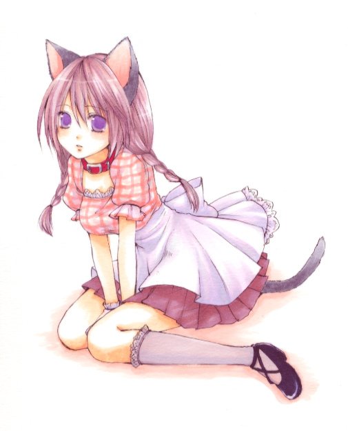 usashiro mani, original, bad id, bad pixiv id, duplicate, marker (medium), traditional media, 1girl, animal ears, cat ears, cat tail, collar, female focus, leash, purple eyes, solo, tail, waitress