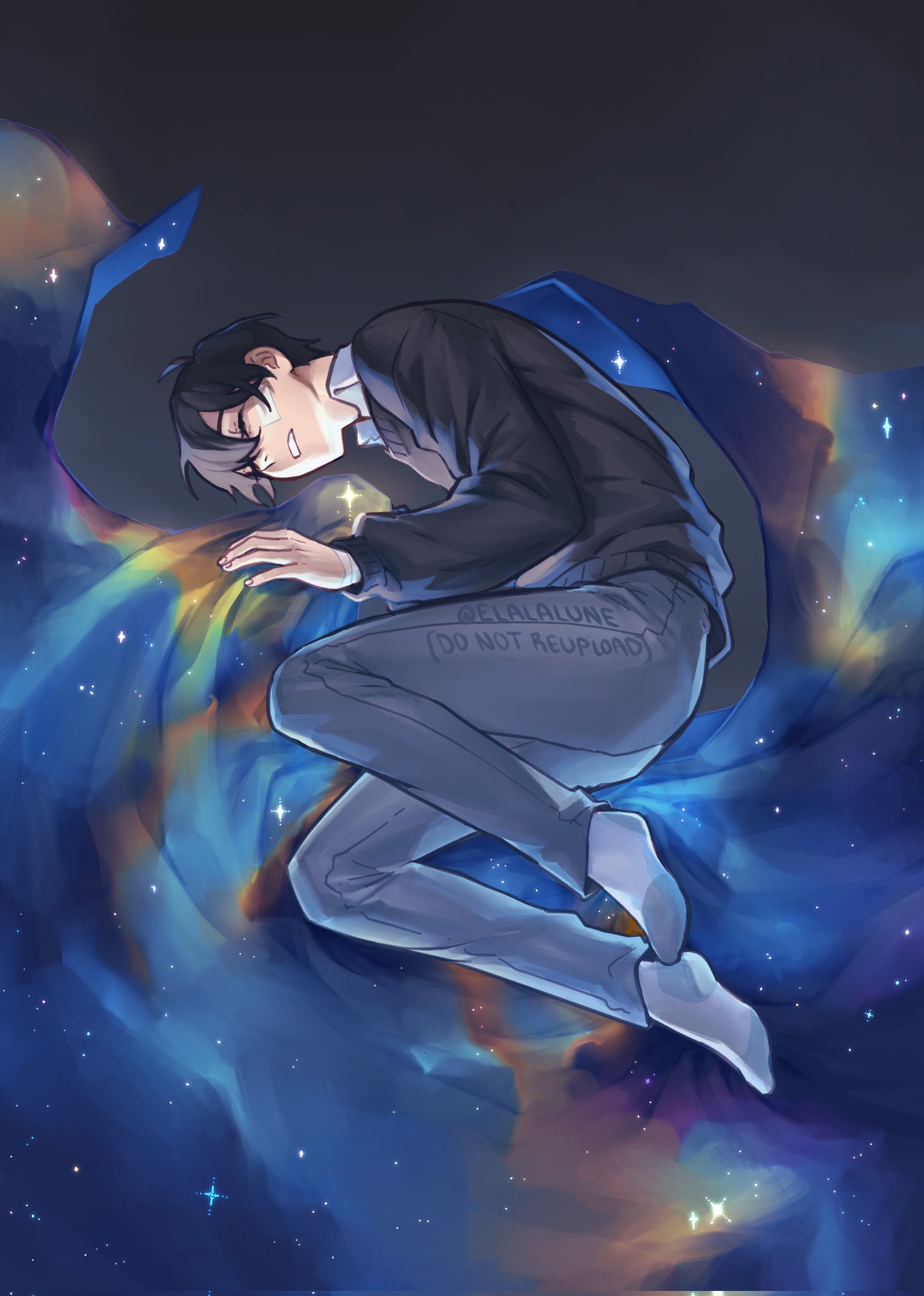 elalalune, omniscient reader's viewpoint, commentary, english commentary, highres, 1boy, bandaid, bandaid on face, black hair, black sweater, blanket, blanket grab, clenched teeth, closed eyes, collared shirt, curled up, full body, male focus, oldest dream, shirt, short hair, socks, solo, space print, starry sky print, sweater, teeth, white shirt, white socks