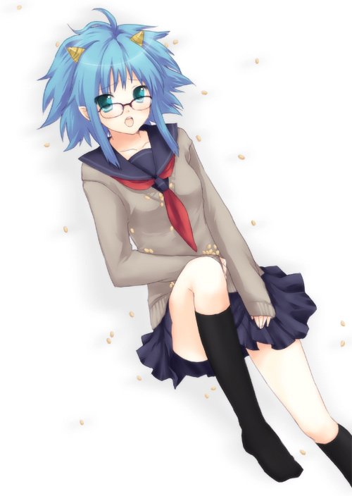 usashiro mani, original, bad id, bad pixiv id, 1girl, beans, black socks, blue eyes, blue hair, female focus, glasses, horns, kneehighs, lying, matching hair/eyes, on back, oni, school uniform, serafuku, skirt, socks, solo, sweater
