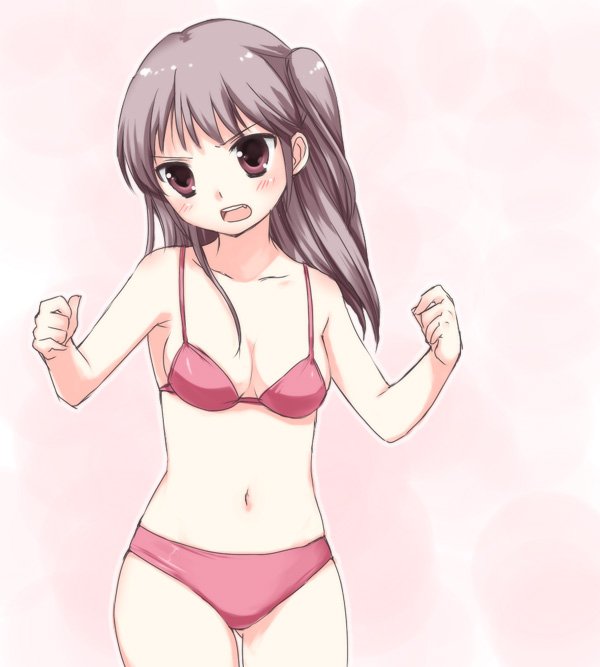 usashiro mani, bad id, bad pixiv id, bikini, blush, brown hair, pink bikini, red eyes, swimsuit