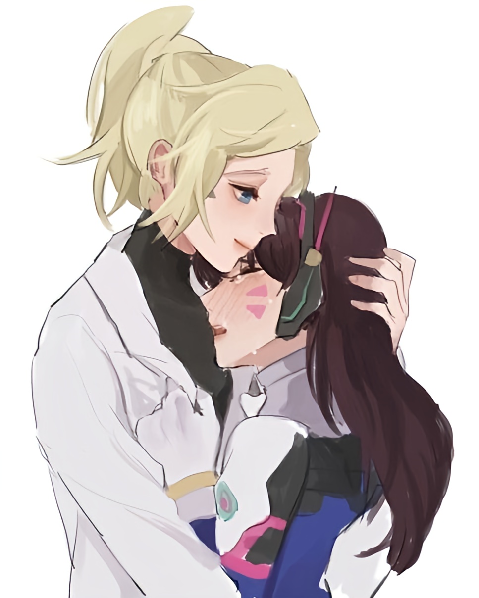giji-p, d.va (overwatch), mercy (overwatch), overwatch, overwatch 1, 2girls, black sweater, blonde hair, blue eyes, blush, bodysuit, brown hair, comforting, crying, facial mark, gloves, hand on another's head, headphones, hug, lab coat, multiple girls, ponytail, sweater, turtleneck, turtleneck sweater, yuri