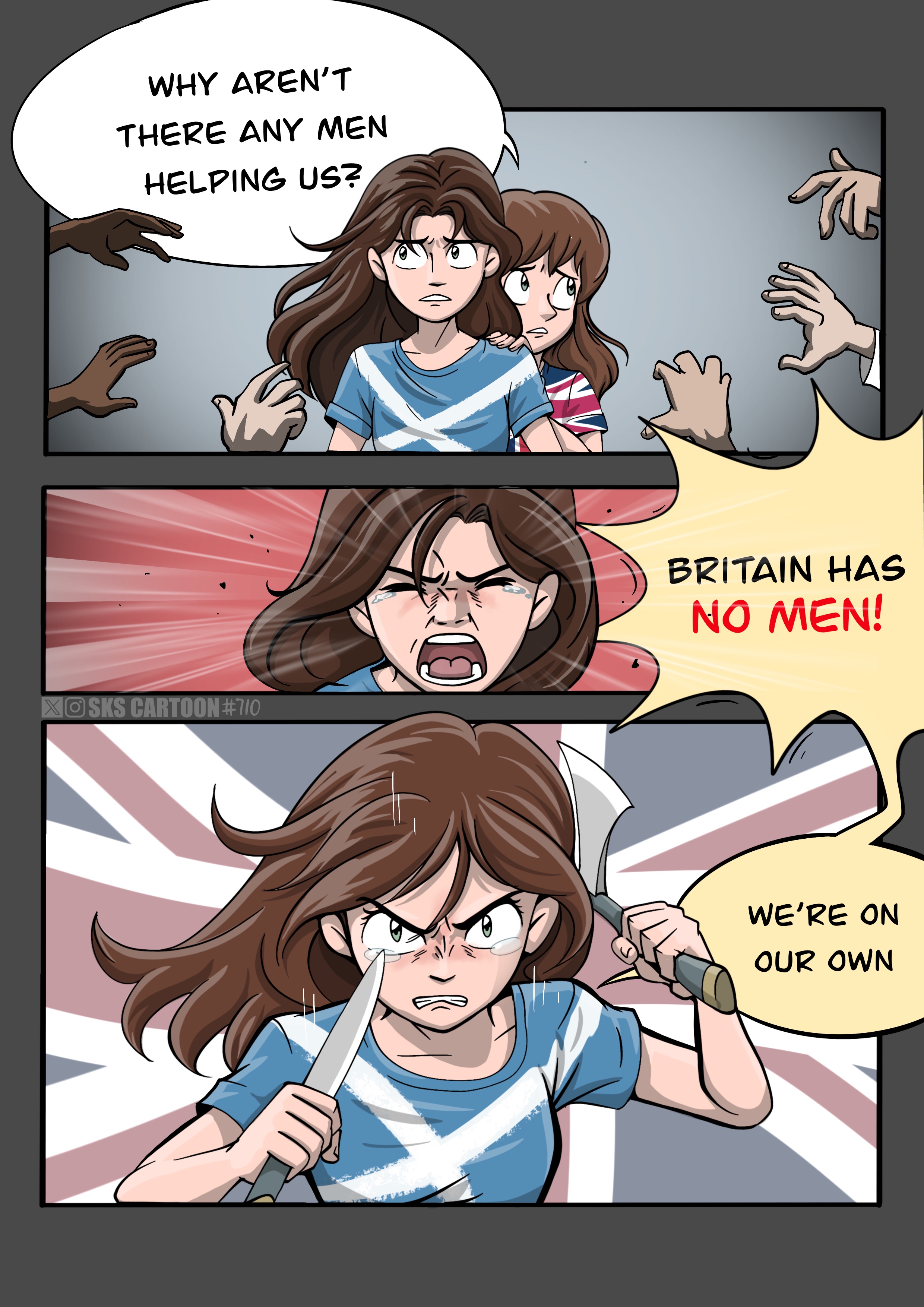 skscartoon, dundee girl, real life, 2025, 2girls, 3koma, 6+boys, brown hair, comic, crying, disembodied hand, english text, green eyes, holding hatchet, holding machete, multiple boys, multiple girls, open mouth, speech bubble
