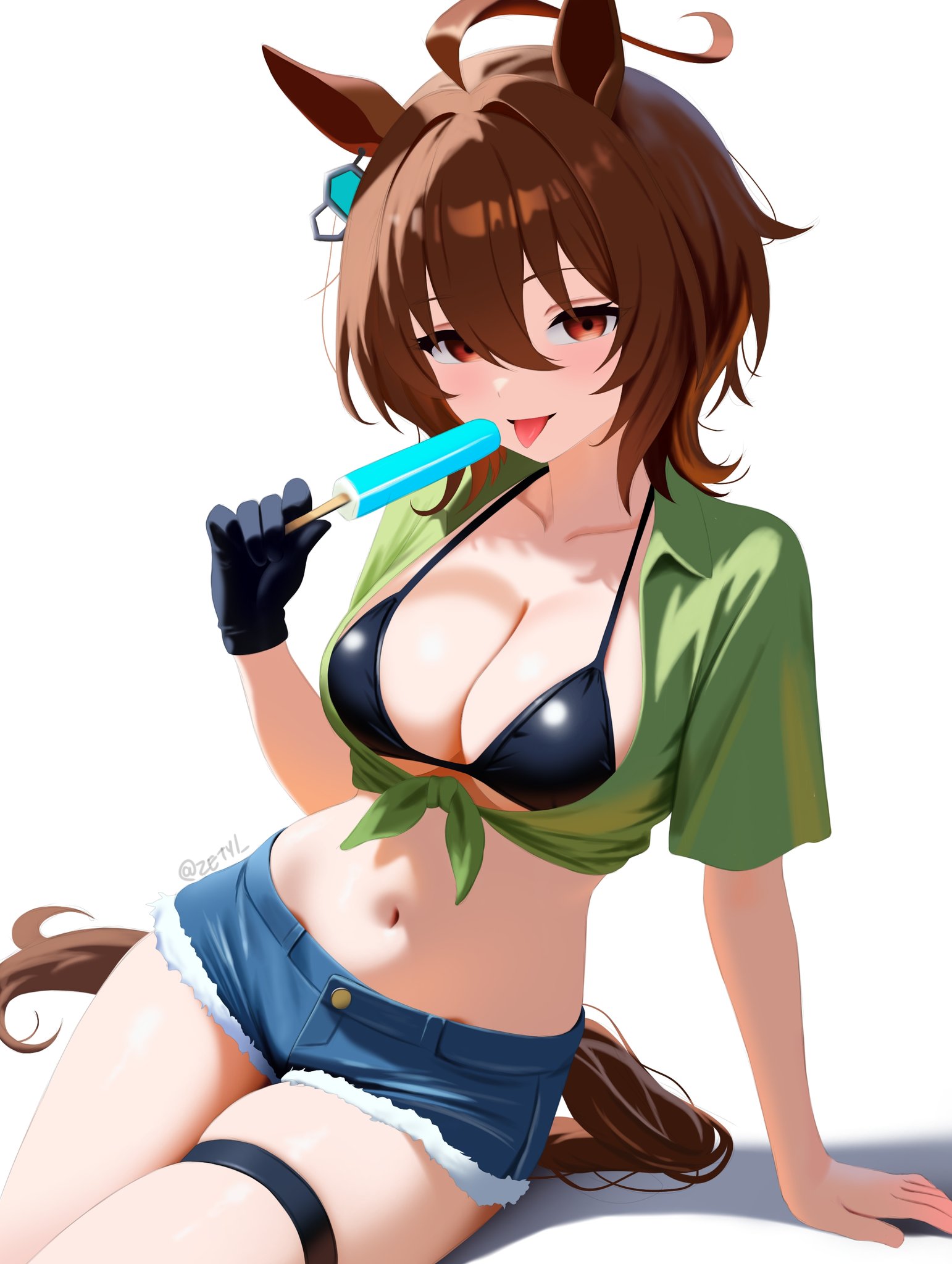 zetyi, agnes tachyon (umamusume), umamusume, 1girl, animal ears, antenna hair, arm support, bikini, black bikini, blue shorts, breasts, brown hair, collarbone, denim, denim shorts, empty eyes, feet out of frame, female focus, food, green shirt, hand up, horse ears, horse girl, horse tail, ice cream, large breasts, leaning to the side, medium hair, navel, open mouth, red eyes, shirt, short sleeves, shorts, simple background, sitting, smile, solo, swimsuit, tail, thigh strap, thighs, tied shirt, tongue, tongue out, white background, yandere