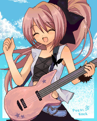 sasasasasa, original, bad id, bad pixiv id, lowres, 1girl, bass guitar, bug, butterfly, day, female focus, guitar, insect, instrument, oekaki, pink hair, ponytail, ribbon, sky, solo