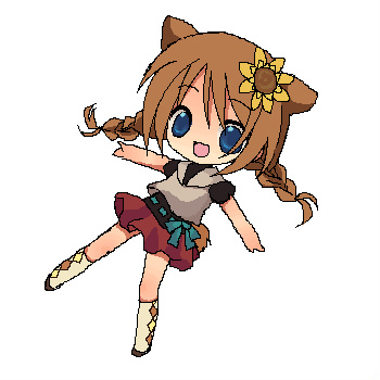 sasasasasa, bad id, bad pixiv id, lowres, animal ears, blue eyes, braid, brown hair, chibi, dog ears, flower, miniskirt, skirt, sunflower, tail