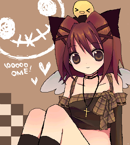 sasasasasa, bad id, bad pixiv id, lowres, animal ears, brown eyes, brown hair, cat ears, jewelry, midriff, necklace, oekaki, solo, wings