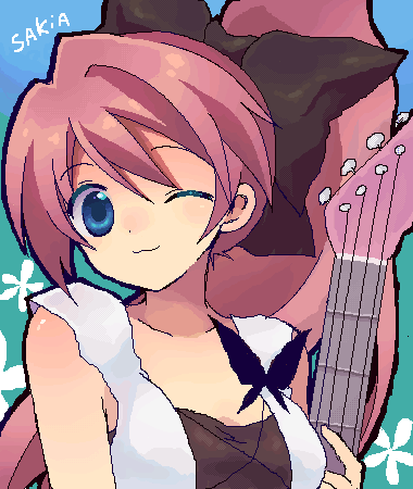 sasasasasa, original, bad id, bad pixiv id, lowres, 1girl, bass guitar, blue eyes, bug, butterfly, female focus, guitar, insect, instrument, oekaki, one eye closed, pink hair, solo, wink