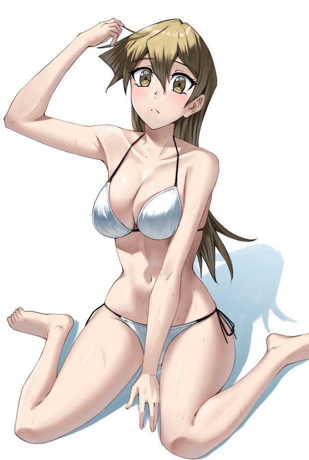 rourou ill, tenjouin asuka, yu-gi-oh!, yu-gi-oh! gx, commentary request, 1girl, :<, bare arms, bare legs, bare shoulders, barefoot, between legs, bikini, breasts, brown eyes, brown hair, cleavage, closed mouth, feet, hair between eyes, hand between legs, holding, holding own hair, large breasts, long hair, looking at viewer, navel, shadow, side-tie bikini bottom, simple background, sitting, solo, split mouth, string bikini, swimsuit, toes, wariza, wet, white background, white bikini