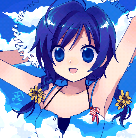 sasasasasa, original, bad id, bad pixiv id, lowres, 1girl, blue eyes, blue hair, braid, cloud, day, female focus, flower, hat, oekaki, sky, solo, sunflower