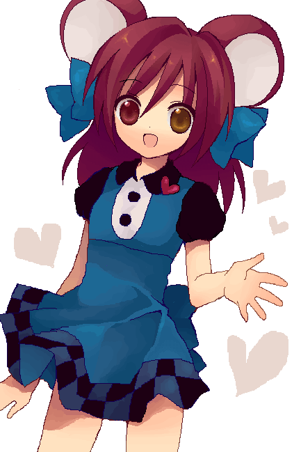 sasasasasa, bad id, bad pixiv id, animal ears, brown hair, heterochromia, miniskirt, mouse ears, oekaki, ribbon, skirt, solo