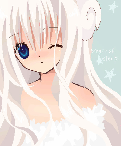 sasasasasa, original, bad id, bad pixiv id, lowres, 1girl, blue eyes, dress, female focus, long hair, oekaki, one eye closed, sheep, solo, white hair, white theme, wink