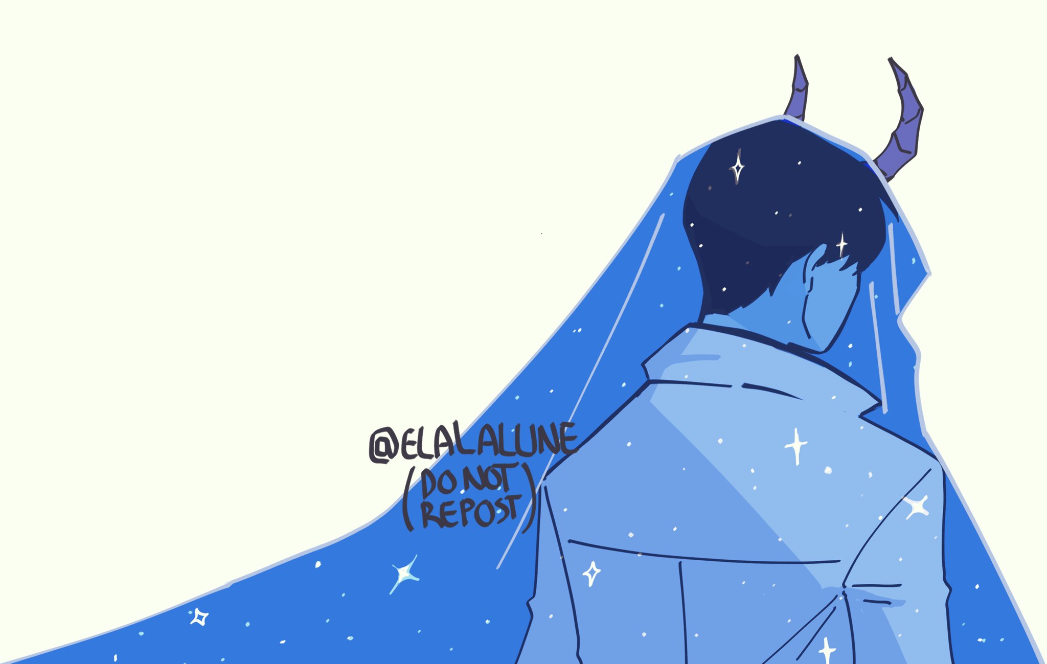 elalalune, kim dokja, secretive plotter, omniscient reader's viewpoint, commentary, english commentary, highres, 1boy, black hair, blue theme, coat, cosplay, costume switch, faceless, full body, horns, male focus, popped collar, see-through clothes, short hair, simple background, solo, starry sky print, upper body, white background, white coat