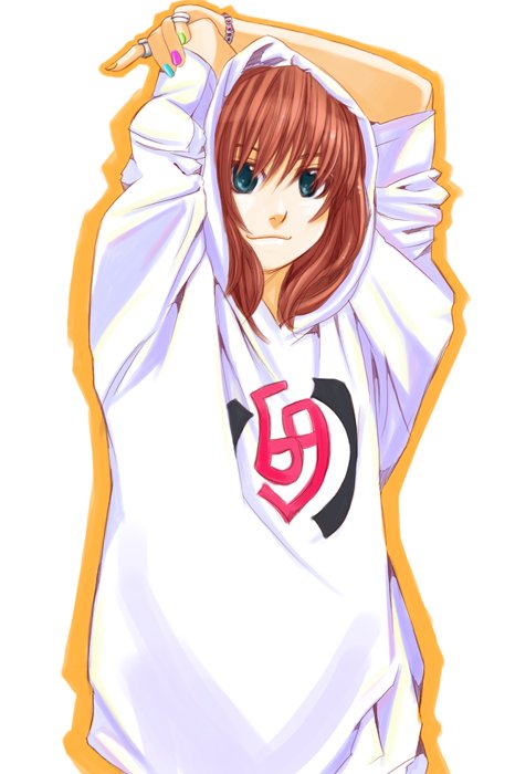 kuro (1968), bad id, bad pixiv id, 1girl, :3, blue eyes, female focus, hood, jacket, red hair, simple background, solo