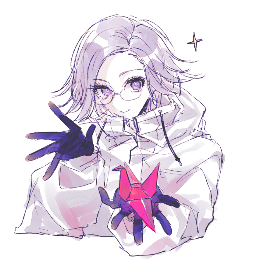 aotsuki eito, the hundred line -last defense academy-, 1boy, black gloves, cropped torso, glasses, gloves, grey hair, holding, holding paper, jacket, looking at viewer, male focus, nyab oo, origami, outstretched hand, paper, paper crane, purple eyes, short hair, simple background, smile, solo, sparkle, white background, white jacket