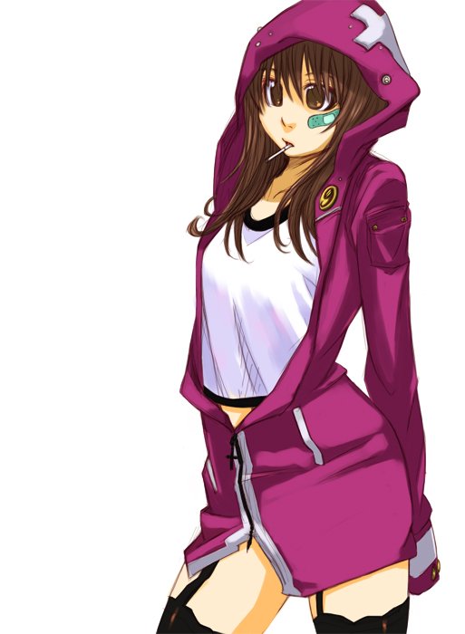 kuro (1968), bad id, bad pixiv id, 1girl, bandaid, bandaid on face, brown eyes, brown hair, cigarette, cowboy shot, female focus, garter straps, hood, hoodie, jacket, simple background, smoking, solo, suspenders, thighhighs