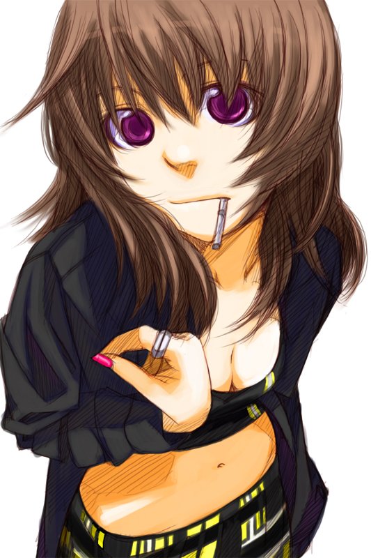 kuro (1968), bad id, bad pixiv id, 1girl, breasts, brown hair, cigarette, cleavage, female focus, jewelry, midriff, mouth hold, navel, purple eyes, simple background, smoking, solo