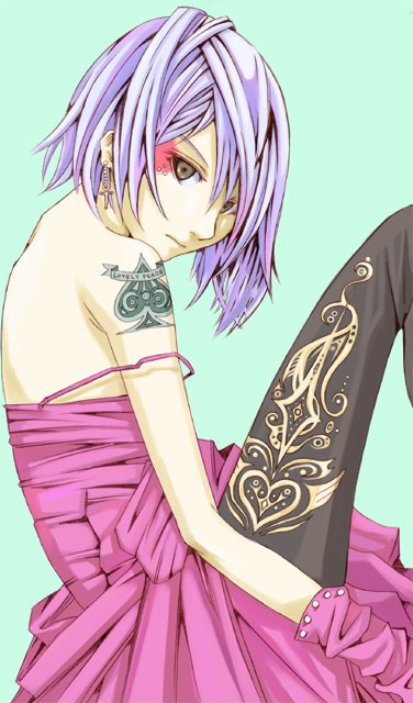 kuro (1968), original, bad id, bad pixiv id, 1girl, bare shoulders, brown eyes, dress, earrings, female focus, gloves, jewelry, pantyhose, purple hair, simple background, solo, thighhighs