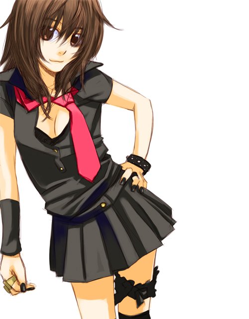 kuro (1968), bad id, bad pixiv id, 1girl, breasts, brown eyes, brown hair, cleavage, female focus, miniskirt, necktie, shirt, simple background, skirt, solo, standing