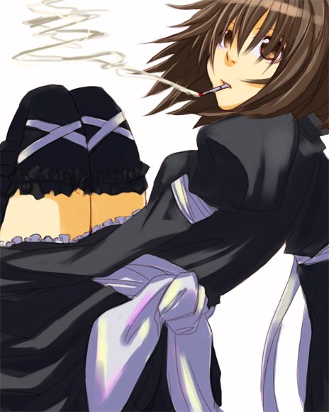 kuro (1968), bad id, bad pixiv id, 1girl, black thighhighs, brown eyes, brown hair, cigarette, dress, female focus, ribbon, simple background, smoking, solo, thighhighs, zettai ryouiki