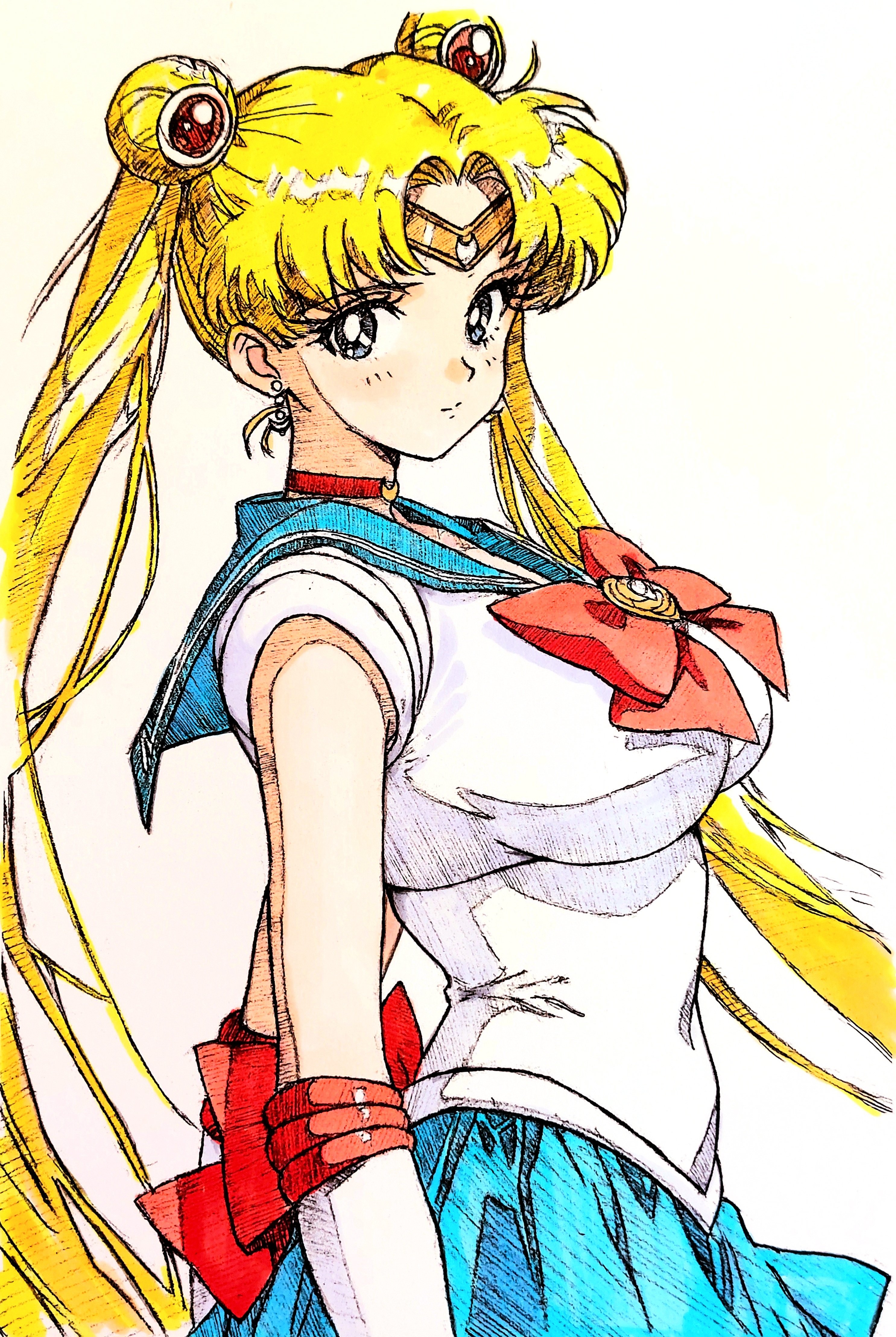 i4teruz, sailor moon, tsukino usagi, bishoujo senshi sailor moon, absurdres, commentary, highres, traditional media, 1girl, arms at sides, back bow, blonde hair, blue eyes, blue sailor collar, blue skirt, bow, bowtie, breasts, choker, circlet, cowboy shot, crescent, crescent choker, crescent earrings, crop top, cropped shirt, curtained hair, double bun, earrings, greyscale, hair bun, jewelry, large breasts, long hair, looking at viewer, looking to the side, magical girl, monochrome, parted bangs, red choker, sailor collar, sailor senshi uniform, shirt, simple background, skirt, sleeveless, sleeveless shirt, solo, turning head, twintails, very long hair, white background