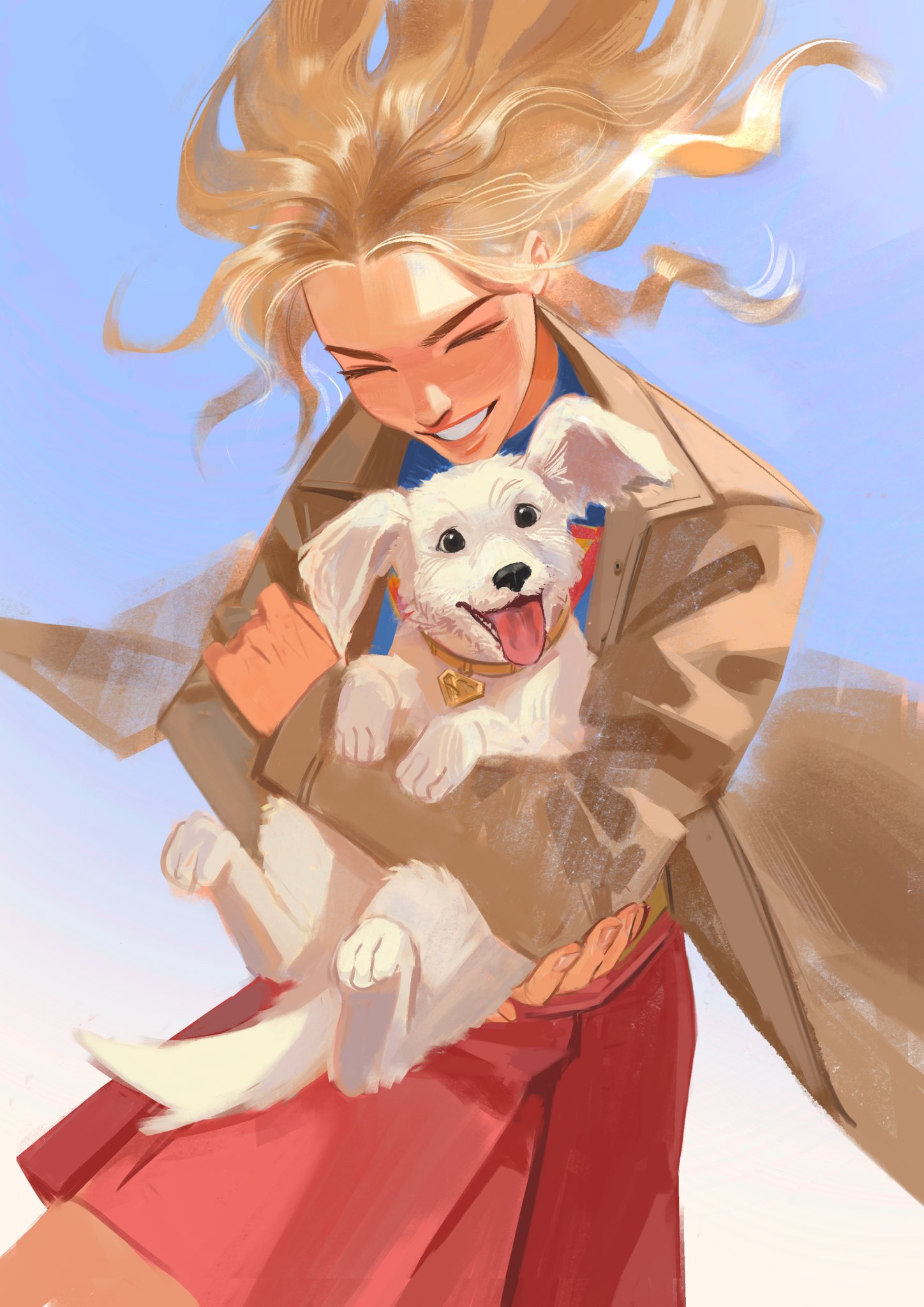 ovrtmoon67, krypto the superdog, supergirl, dc comics, dc universe (franchise), superman (2025), superman (series), commentary, english commentary, highres, 1girl, blonde hair, breasts, cape, coat, dog, long hair, looking at viewer, open mouth, red cape, skirt, smile, solo, superhero costume, superman logo
