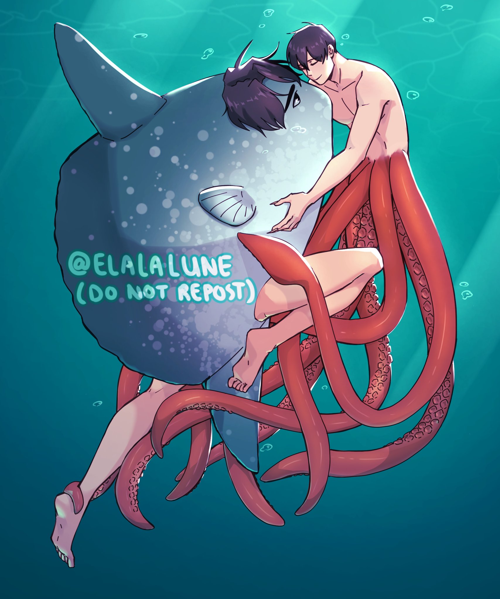 elalalune, kim dokja, yoo joonghyuk, omniscient reader's viewpoint, highres, 2boys, black eyes, black hair, closed eyes, curtained hair, fish, full body, hug, kemonomimi mode, looking at another, male focus, multiple boys, no shirt, ocean sunfish, octopus, short hair, subsurface scattering, swimming, tentacles, toned, toned male, underwater