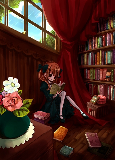 hachino, bad id, bad pixiv id, 1girl, bird, book, curtains, female focus, flower, indoors, open book, reading, ribbon, sitting, solo, twintails, window