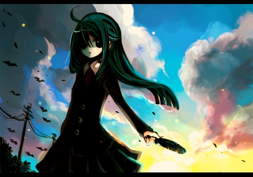 hachino, bad id, bad pixiv id, lowres, ahoge, bird, feathers, letterboxed, long hair, sky, solo