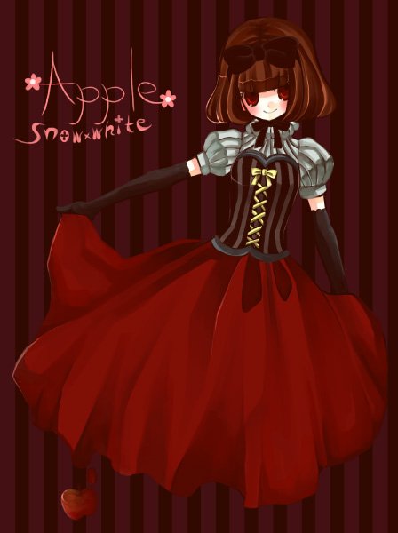 hachino, snow white (fairy tale character), snow white (fairy tale), bad id, bad pixiv id, 1girl, brown hair, corset, dark, dress, elbow gloves, english text, female focus, gloves, red eyes, ribbon, solo