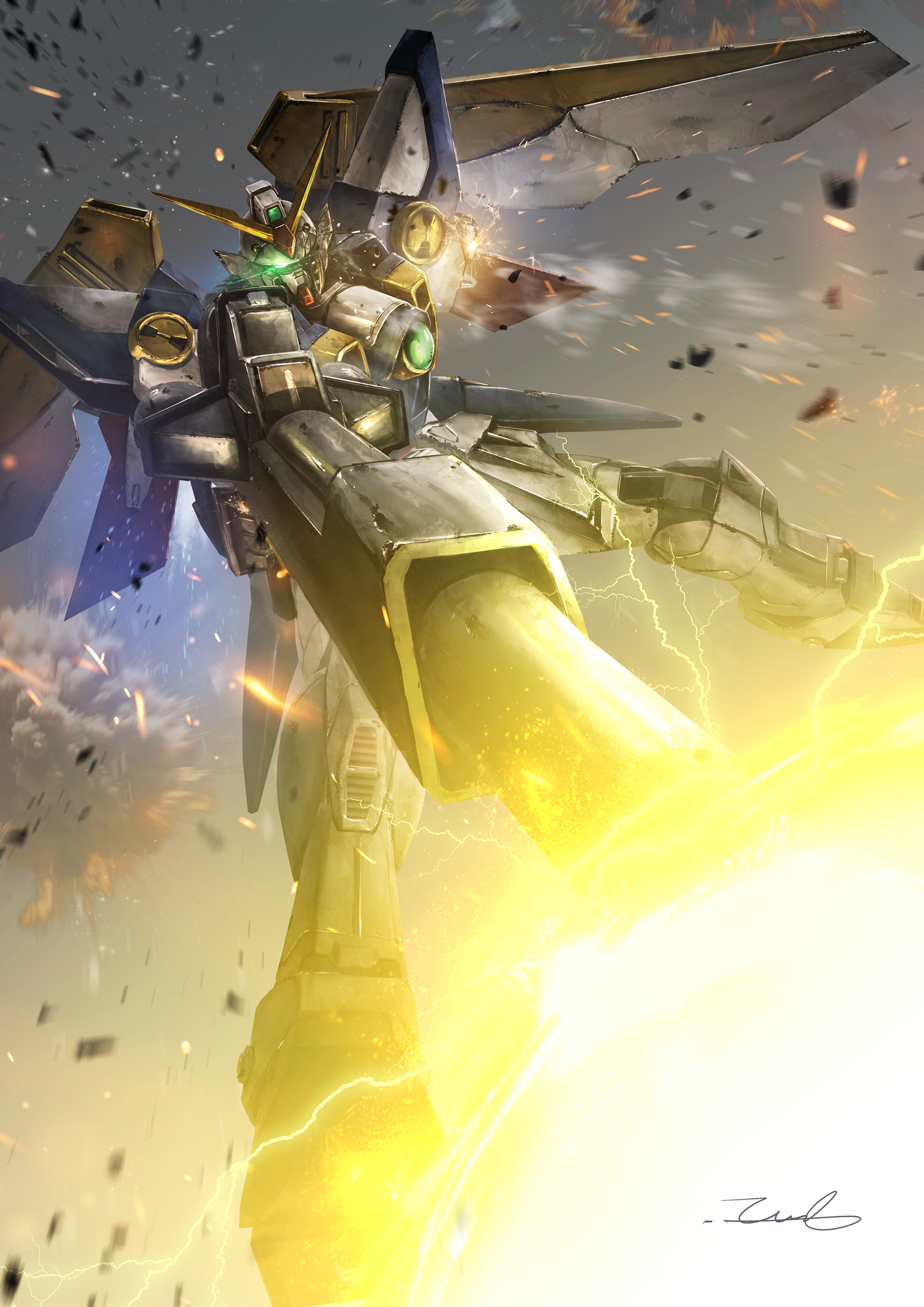 taka-f, wing gundam, gundam, gundam wing, absurdres, commentary request, highres, beam rifle, buster rifle, damaged, debris, electricity, energy gun, explosion, firing, foreshortening, full body, glowing, glowing eye, green eyes, gun, holding, holding gun, holding weapon, mecha, mecha focus, missing limb, mobile suit, motion blur, no humans, robot, science fiction, signature, solo, sparks, v-fin, weapon