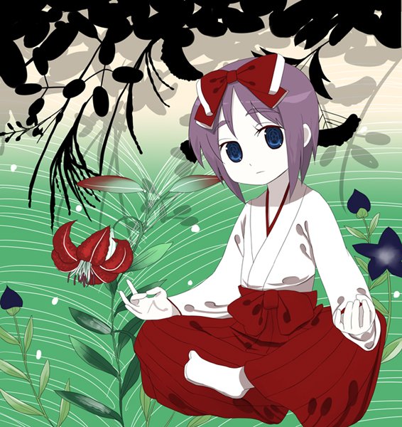 b-ginga, hiiragi tsukasa, lucky star, bad id, bad pixiv id, 00s, 1girl, blue eyes, blue hair, female focus, flower, hakama, hakama skirt, indian style, japanese clothes, matching hair/eyes, miko, purple eyes, purple hair, red hakama, ribbon, sitting, skirt, solo, symbol-shaped pupils, tabi
