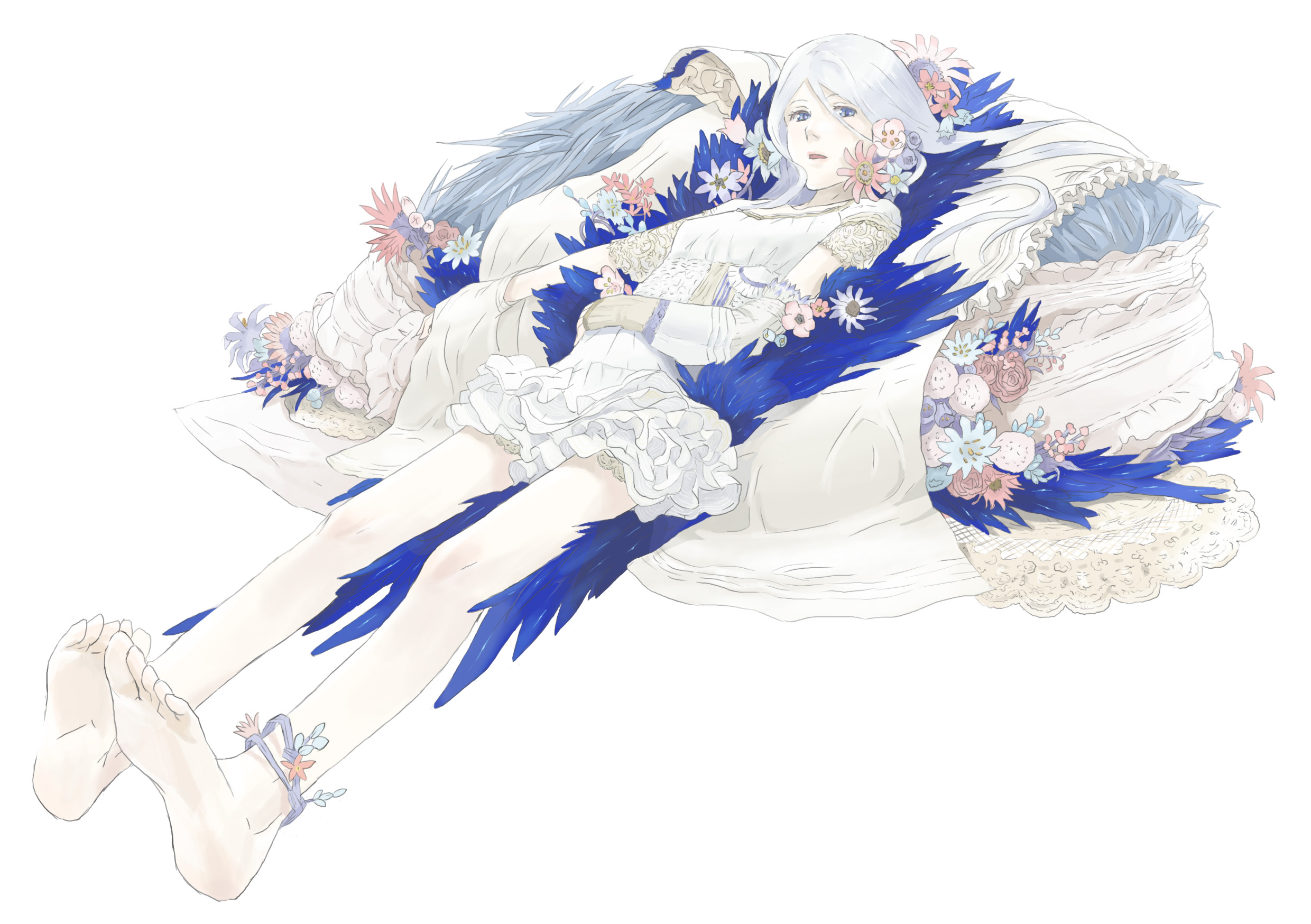 nishihara isao, kisara (yu-gi-oh!), yu-gi-oh!, yu-gi-oh! duel monsters, bad id, bad pixiv id, highres, anklet, barefoot, blue eyes, blue hair, dress, flat chest, flower, jewelry, long hair, solo, white hair