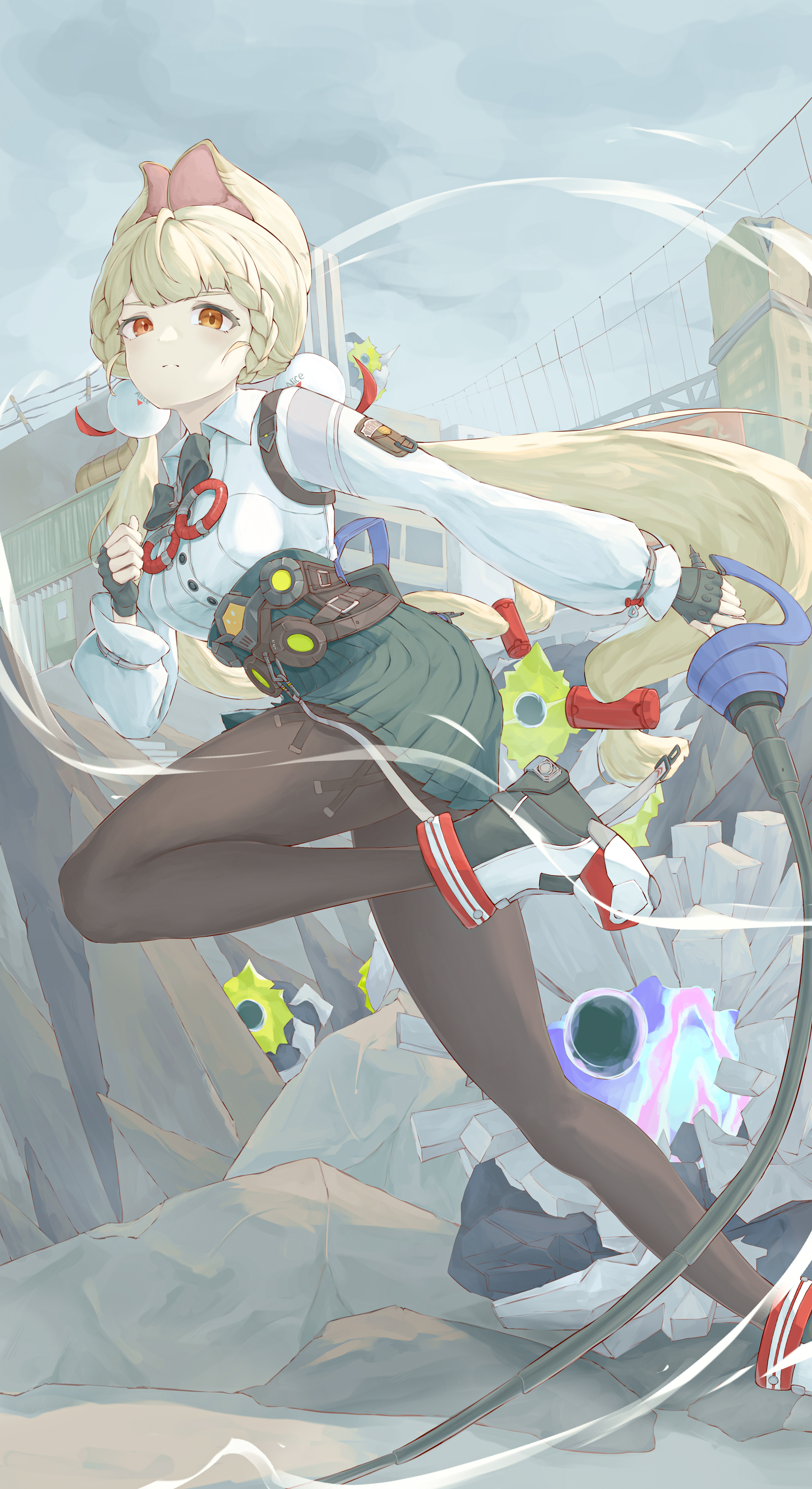 dandandan668, alice thymefield, zenless zone zero, absurdres, highres, 1girl, animal ears, black gloves, black pantyhose, black shoes, blonde hair, closed mouth, cloud, cloudy sky, collared shirt, fingerless gloves, gloves, green skirt, grey sky, heterochromia, holding, holding sword, holding weapon, long hair, low twintails, outdoors, pantyhose, rabbit ears, rabbit girl, red eyes, shirt, shoes, skirt, sky, solo, sword, twintails, very long hair, weapon, white shirt, yellow eyes