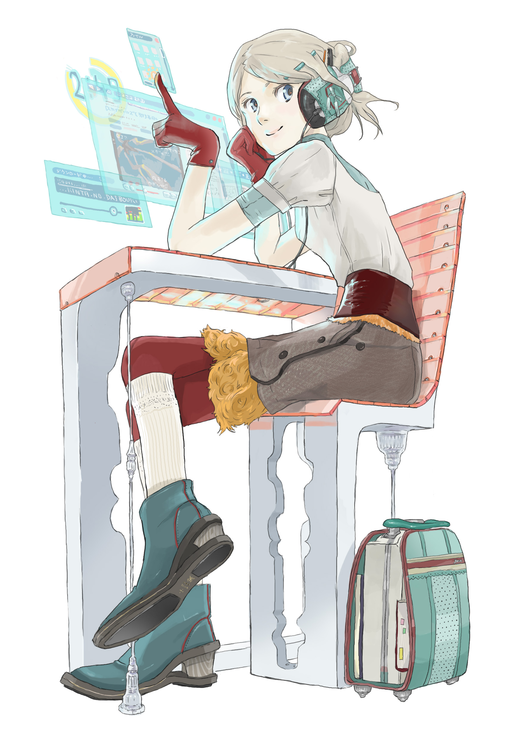 nishihara isao, niconico, absurdres, bad id, bad pixiv id, highres, blue eyes, computer, gloves, headphones, socks, solo, white hair
