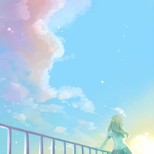 hachino, bad id, bad pixiv id, lowres, 1girl, cloud, day, female focus, outdoors, railing, school uniform, serafuku, sky, solo, sun