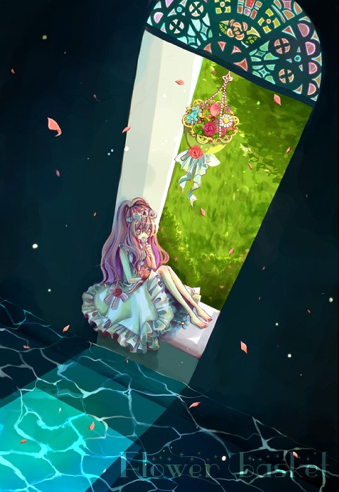 hachino, bad id, bad pixiv id, caustics, dress, flower, grass, long hair, petals, pink hair, solo, water