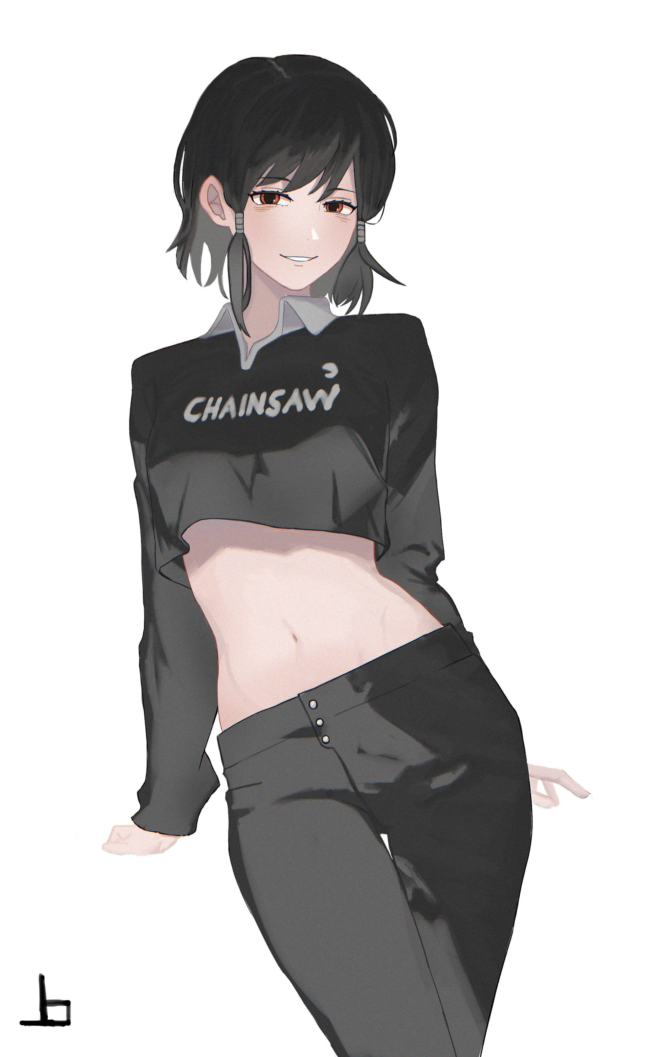 joadv, mifune fumiko, chainsaw man, absurdres, highres, 1girl, black hair, black pants, black shirt, clothes writing, crop top, long sleeves, looking at viewer, low-tied sidelocks, medium hair, navel, orange eyes, pants, shirt, sidelocks, simple background, solo, white background