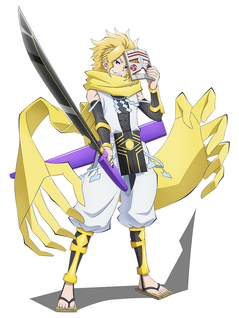 yokota masafumi, bucchigire!, official art, 1boy, anime coloring, arm armor, armor, blonde hair, braid, chainmail, colored sclera, full body, geta, hand up, head tilt, holding, holding mask, holding sword, holding weapon, japanese clothes, katana, kimono, leg armor, long scarf, looking at viewer, mask, medium hair, open mouth, pants, ponytail, rashomaru (bucchigire!), sash, scabbard, scarf, sheath, simple background, sleeveless, smile, solo, standing, sword, teeth, transparent background, v-shaped eyebrows, weapon, white kimono, white pants, white sash, yellow sclera