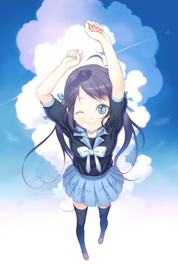 hanamura mai, original, 1girl, blue eyes, blue theme, cloud, female focus, maikichi, one eye closed, ribbon, school uniform, serafuku, solo, thighhighs, twintails, wink, zettai ryouiki