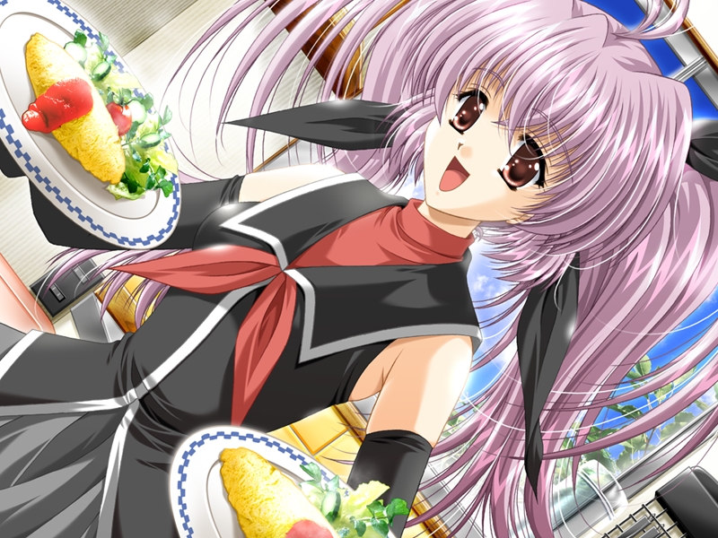 carnelian, futaba karin, sky (game), game cg, 1girl, elbow gloves, female focus, food, gloves, omelet, omurice, plate, purple hair, solo, twintails