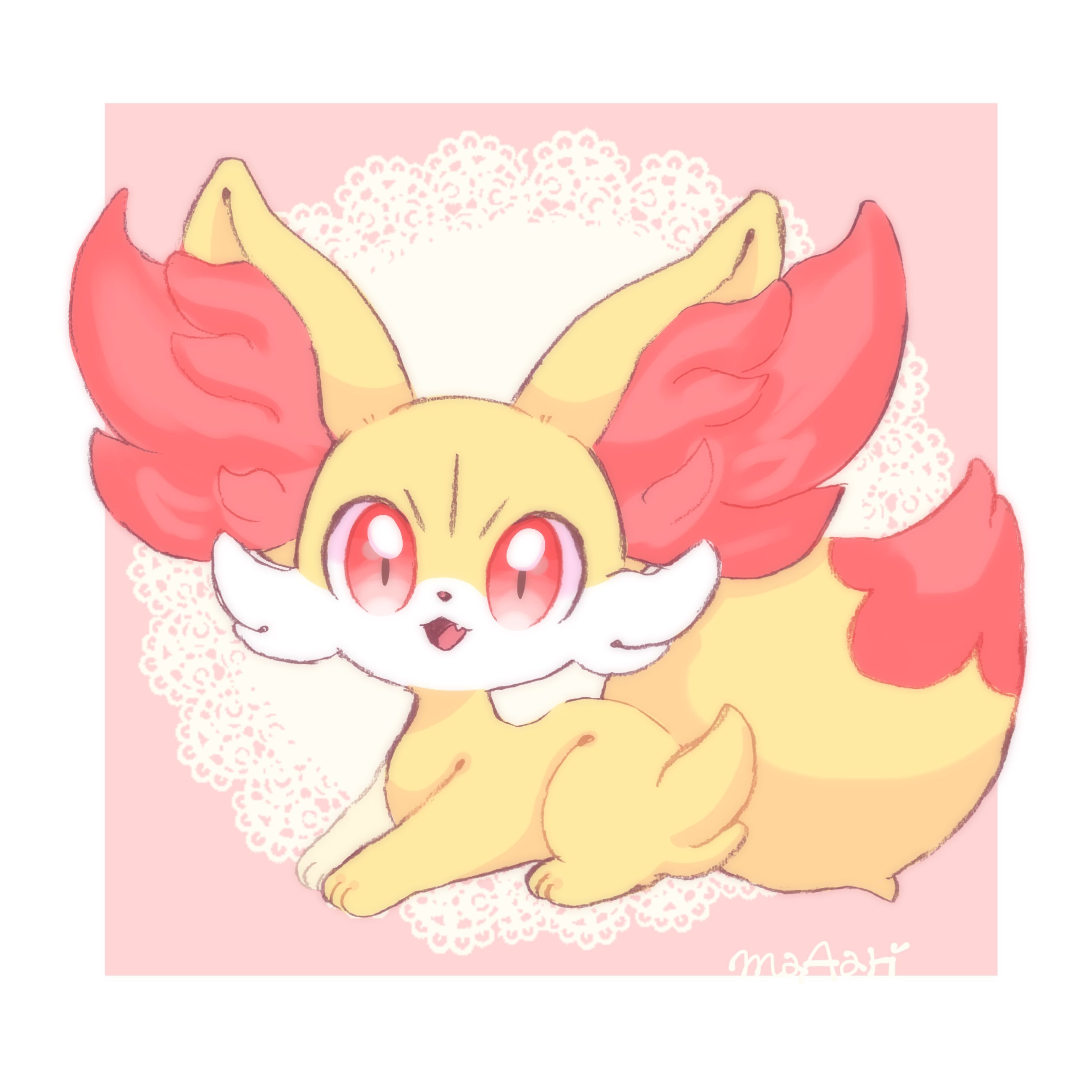 maaari pkmn, fennekin, nintendo, pokemon, absurdres, highres, animal focus, artist name, fang, fox, gen 6 pokemon, no humans, open mouth, orange eyes, pokemon (creature), pokemon focus, smile, solo