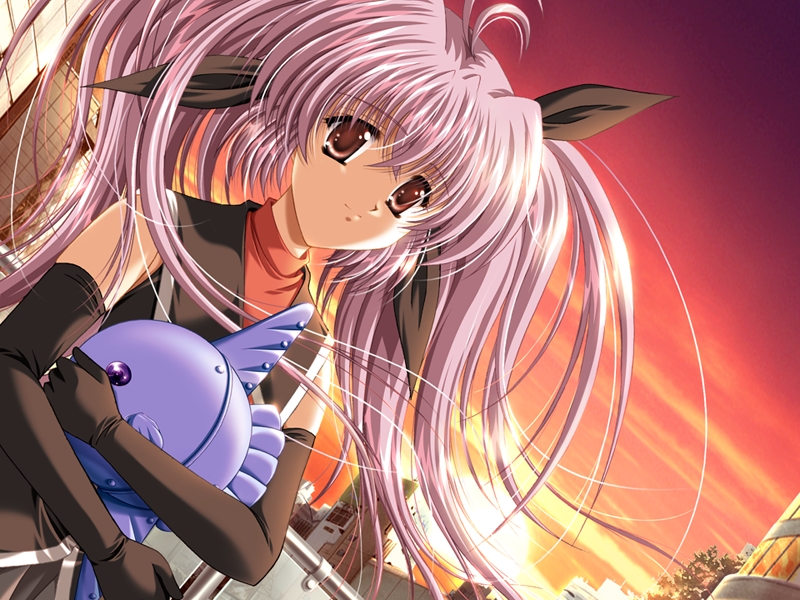 carnelian, futaba karin, sky (game), game cg, 1girl, elbow gloves, female focus, fish, gloves, purple hair, solo, sunset, twintails