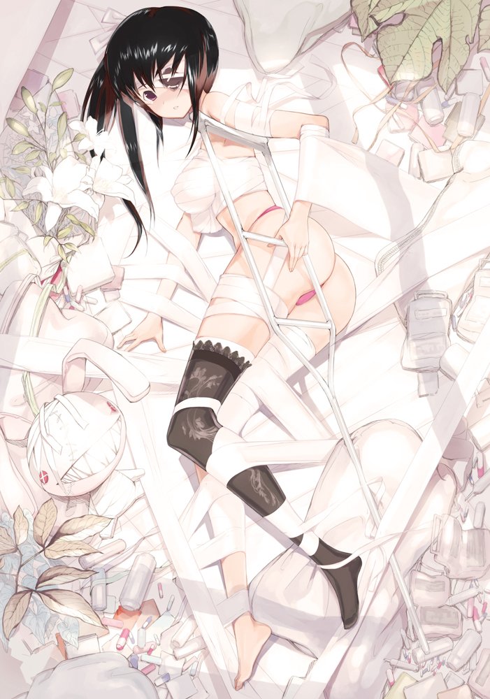 princess spirit, original, 1girl, ass, bandages, barefoot, bent over, black hair, crutch, eyepatch, fall, female focus, flower, panties, pants, princess, single sock, socks, solo, spirit, thighhighs, underwear