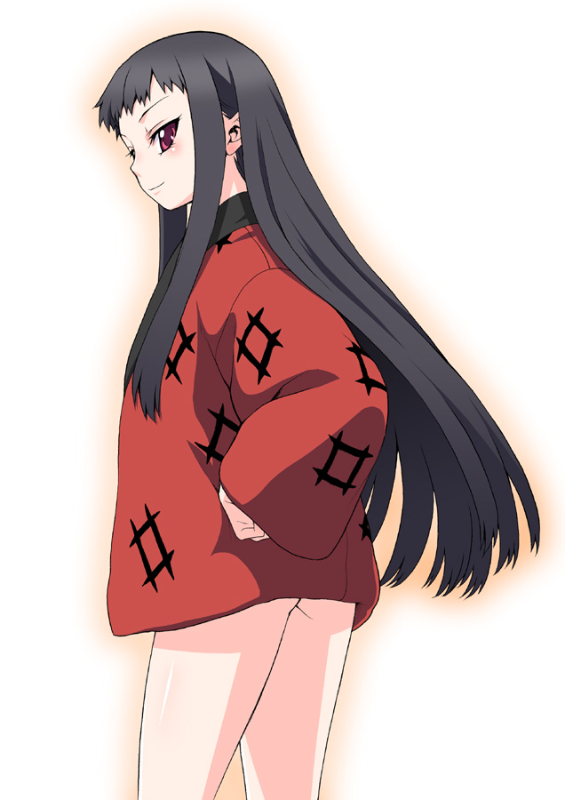 kouda tomohiro, jakuri (ar tonelico), ar tonelico, ar tonelico ii, gust, 00s, 1girl, ass, black hair, bottomless, female focus, gradient background, long hair, red eyes, smile, solo, sweater