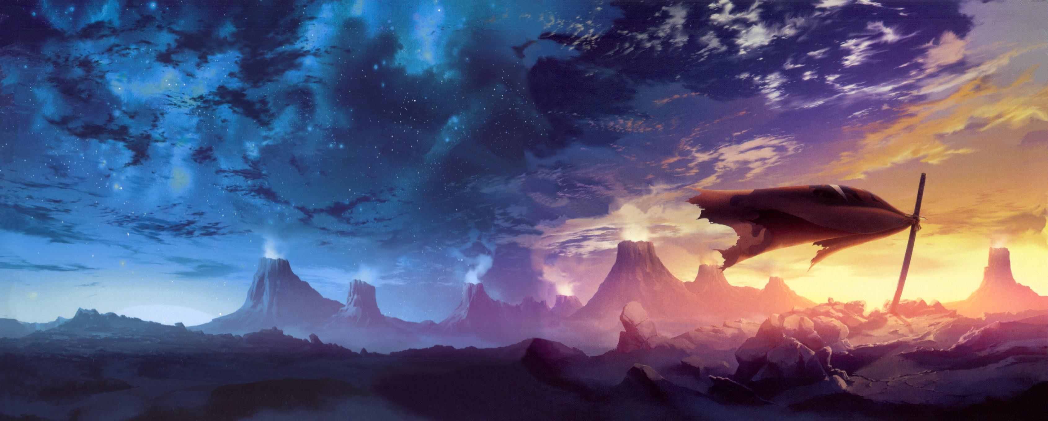 kamina (ttgl), tengen toppa gurren lagann, absurdres, highres, spoilers, 00s, cloud, epic, grave, katana, mountain, no humans, planted, planted sword, planted weapon, scenery, sky, star (sky), star (symbol), starry sky, sunset, sword, weapon