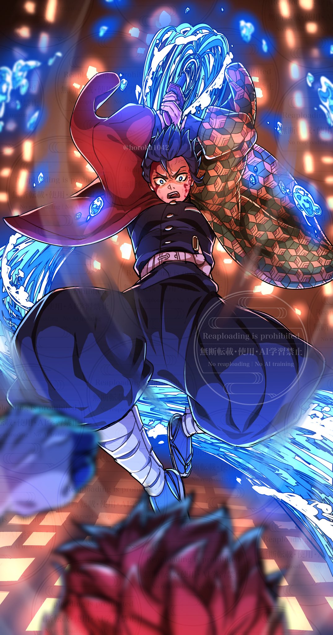akaza (kimetsu no yaiba), tomioka giyuu, kimetsu no yaiba, highres, 2boys, battle, black hair, black jacket, blood, blood on face, blue eyes, buttons, demon slayer uniform, english text, haori, holding, holding sword, holding weapon, horoku1042, jacket, japanese clothes, jumping, katana, kikkoumon, looking at viewer, low ponytail, male focus, multiple boys, pink hair, ponytail, print haori, red haori, short hair, spiked hair, sword, v-shaped eyebrows, water, watermark, weapon